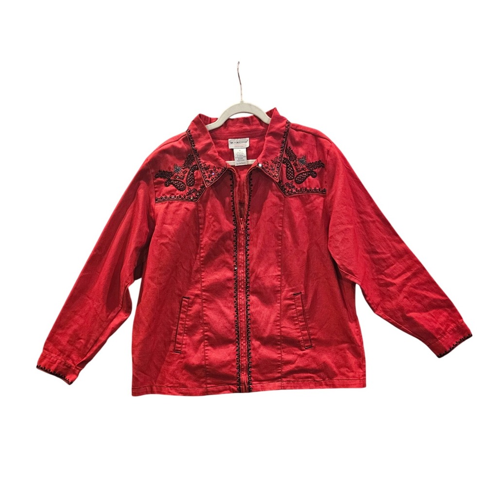 Western 1X Zip-up Jacket Rodeo‎ Concert Bling Paisley Embroidery Red Women #435
